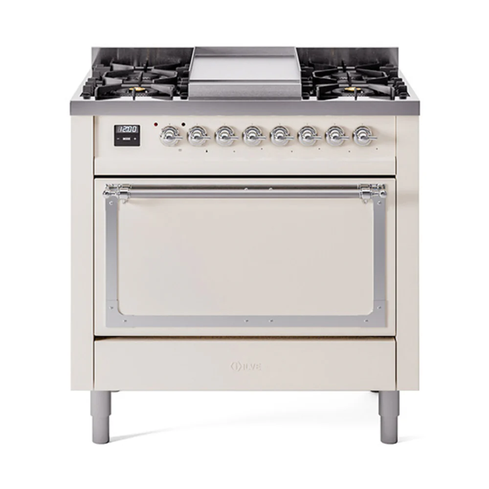 ILVE Nostalgie II Noblesse 36-Inch Dual Fuel Range and Solid Door Oven in Antique White with Chrome Trim (UN36FQNMPAWC)