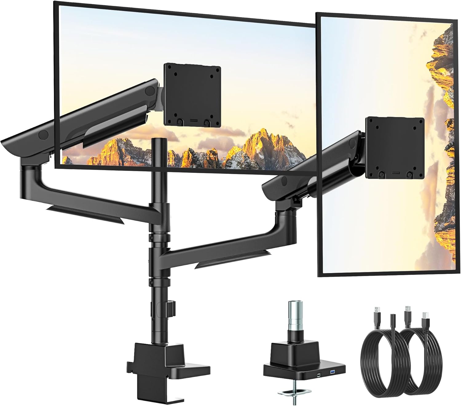 monTEK Sleek Aluminum Monitor Arm for 17–57” Ultrawide Screens up to 59.4 lbs, USB 3.0 A/C, Heavy Duty Dual Monitor Arm Desk Mount, Pneumatic Lift, Quick-Release Plate, Clamp/Grommet, Max VESA 100x100