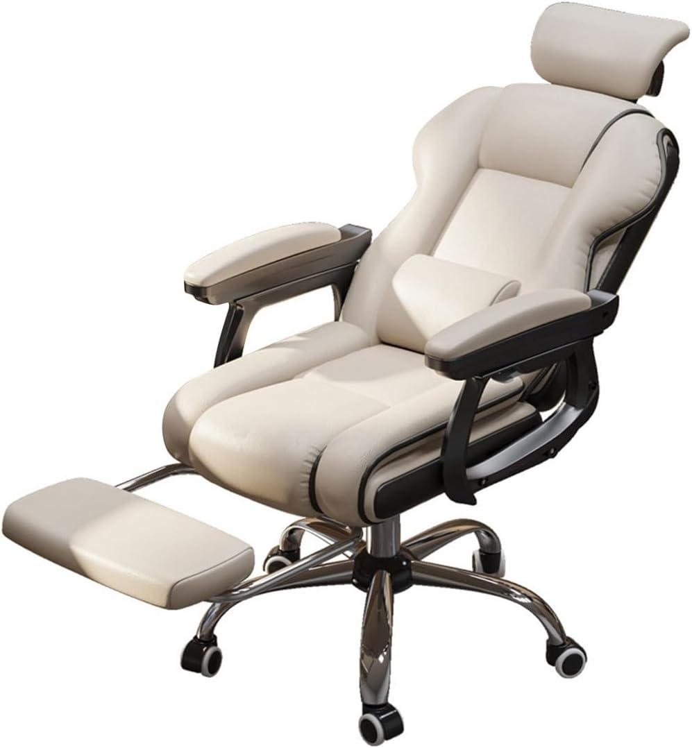 Height Adjustable Chair Swivel Gaming Chair Task Chair with Arms and Wheels,Leather Office Chair Back Support Executive Chair for Adult Computer Chair Latex Cushion/Pin(Beige/B