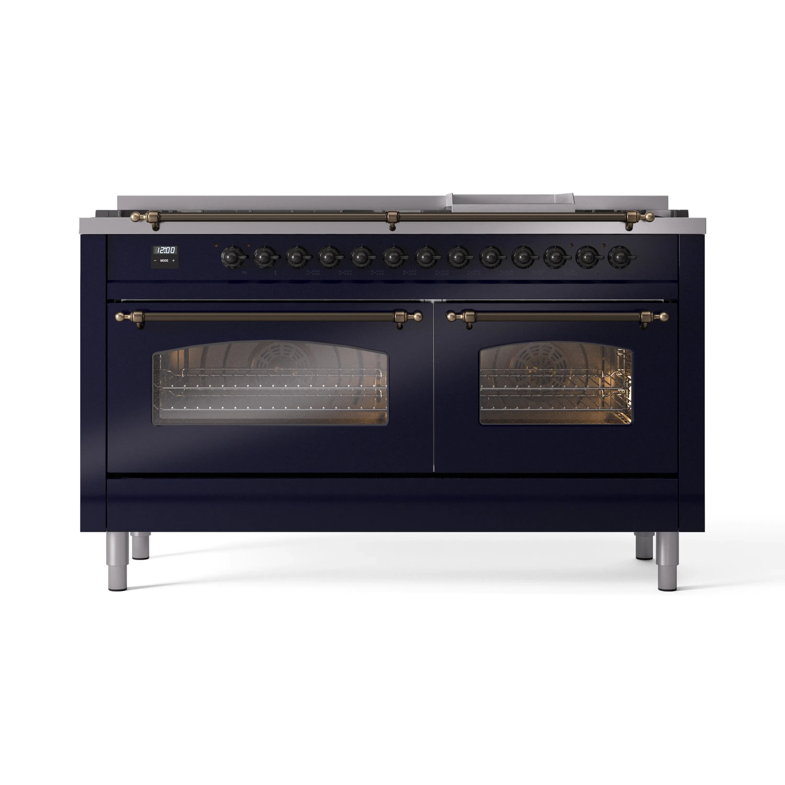 ILVE 60-Inch Nostalgie II Dual Fuel Range with 9 Burners, Griddle and Triple Glass Door Oven in Midnight Blue with Bronze Trim (UP60FNMPMBB)