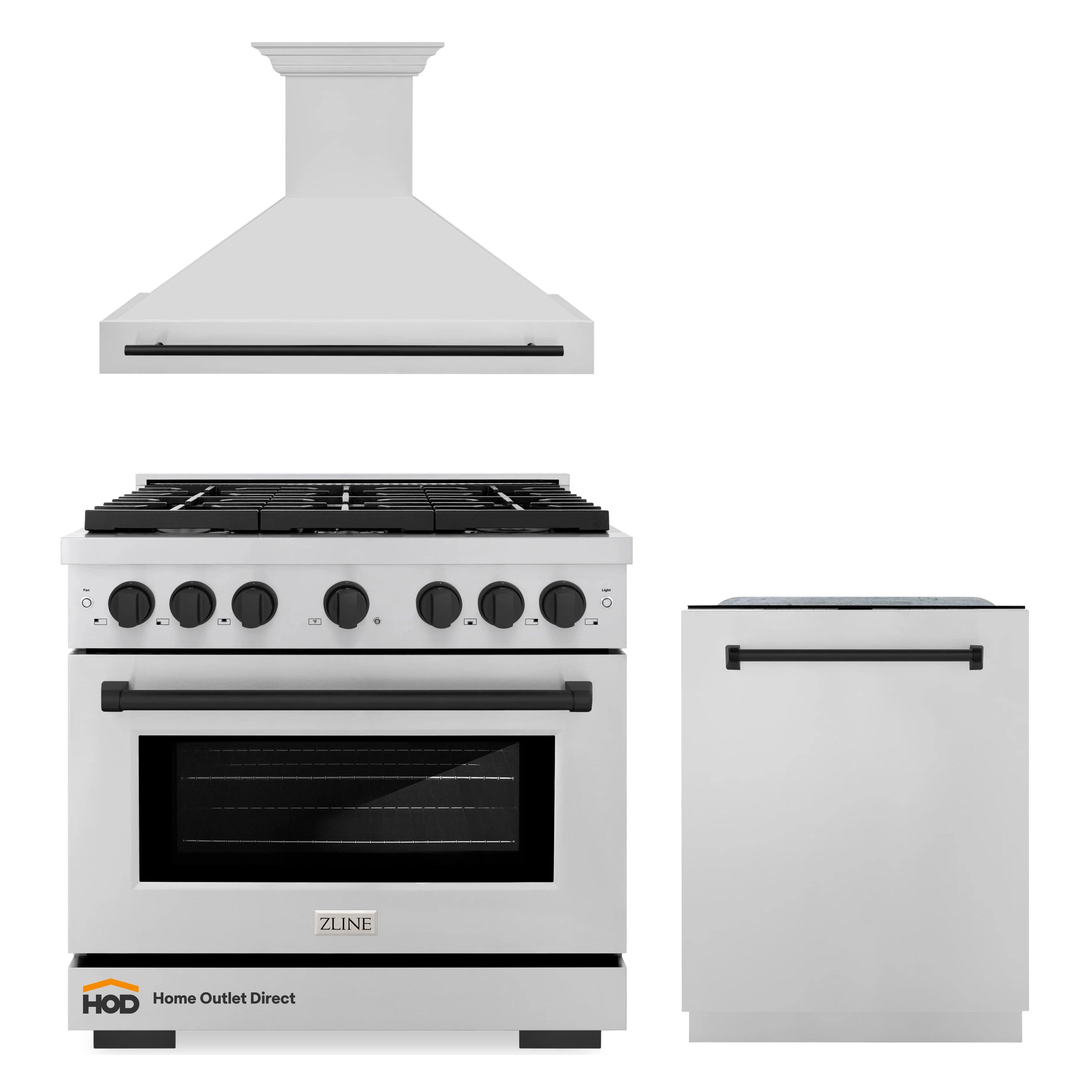 ZLINE Autograph Edition 3-Piece Appliance Package - 36-Inch Gas Range, Wall Mounted Range Hood, & 24-Inch Tall Tub Dishwasher in Stainless Steel with Matte Black Trim (3AKP-SGRRHDWM36-MB)