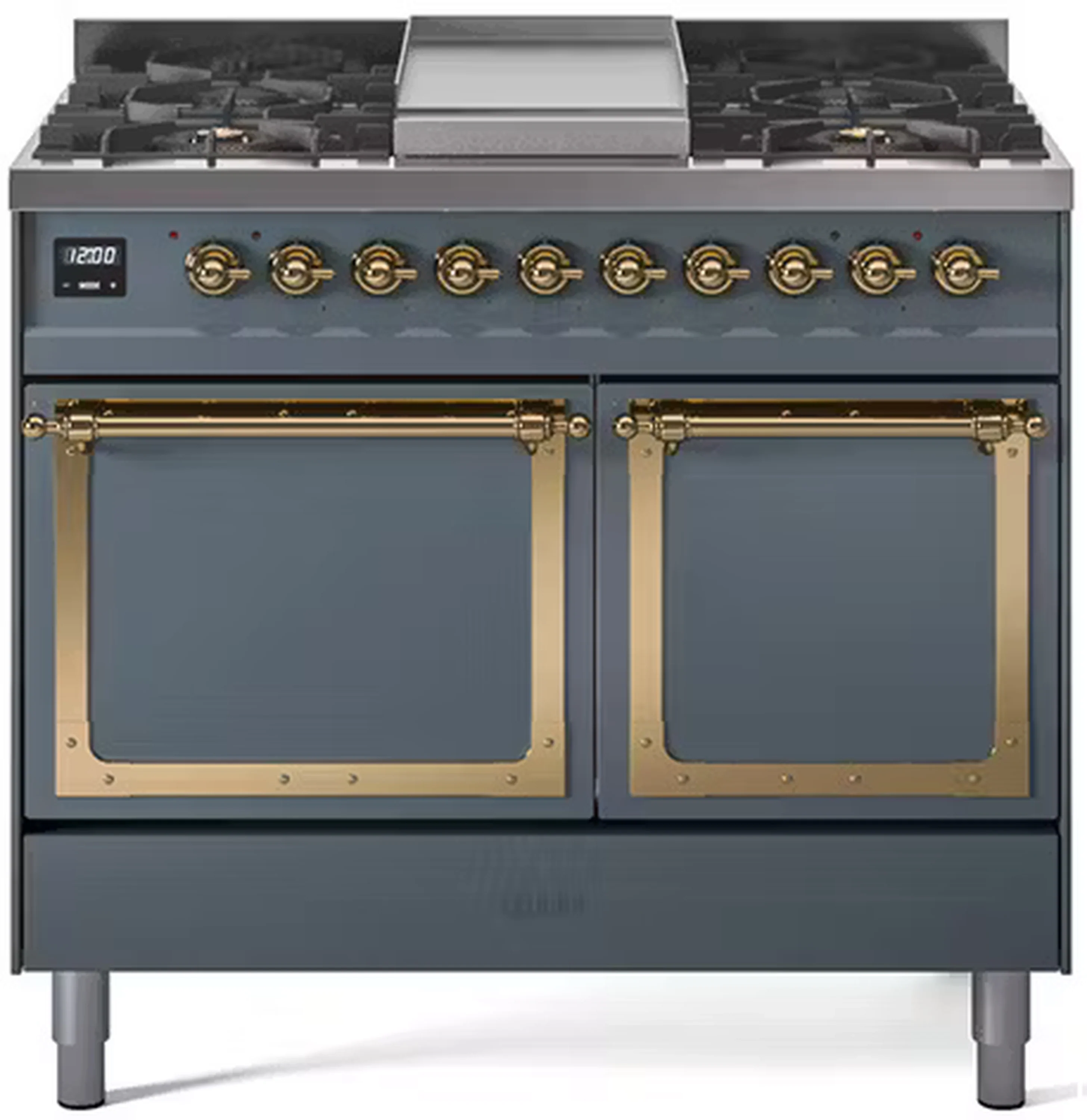 ILVE 40-Inch Nostalgie II Noblesse Dual Fuel Range with Solid Door Oven in Blue Grey with Brass Trim (UND40FQNMPBGG)