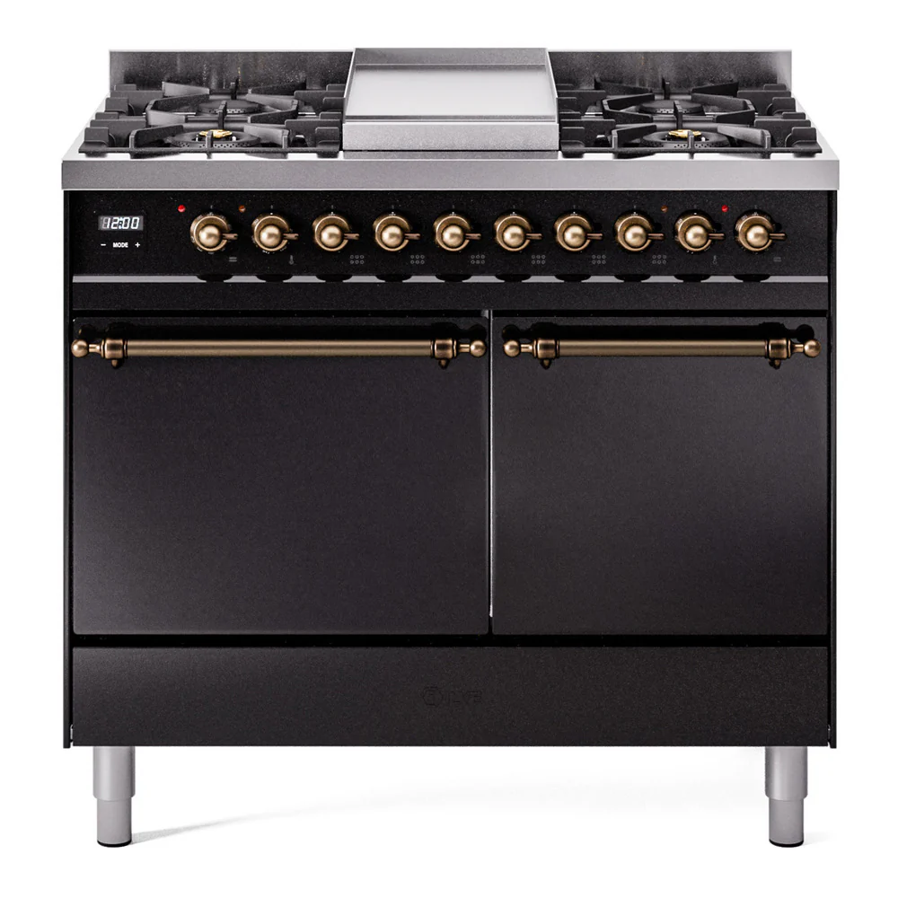 ILVE 40-Inch Nostalgie II Dual Fuel Range with 6 Burners, Griddle and Solid Door Oven in Glossy Black with Bronze Trim (UPD40FQNMPBKB)