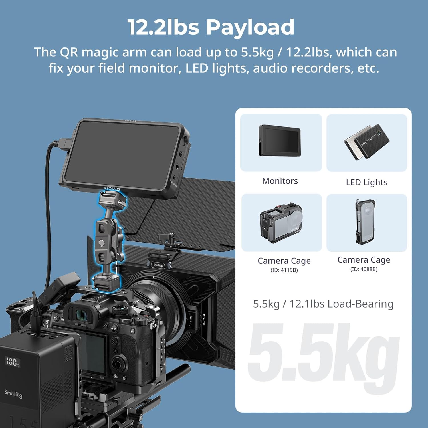 SMALLRIG Quick Release Magic Arm with 360 Ball Head and Top Handle for Monitor, Grey, 5.5kg Payload