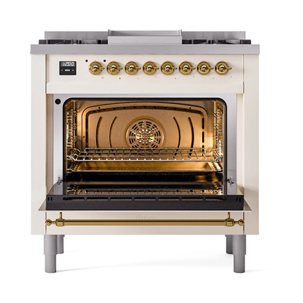 ILVE Nostalgie II Noblesse 36-Inch Dual Fuel Range and Triple Glass Door in Antique White with Brass Trim (UN36FNMPAWG)