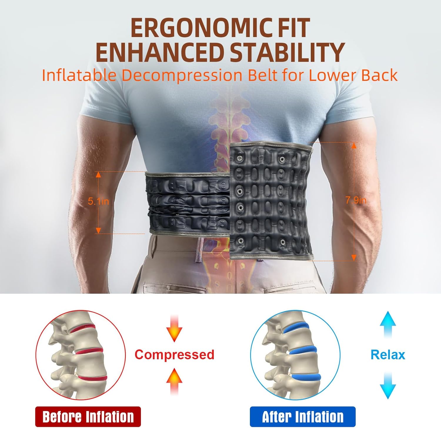 Red Light Therapy Decompression Back Belt with Heating, Vibration Massage & Electric Pump, Cordless Inflatable Back Brace for Lower Back Pain Relief, One Size Fits 29–49