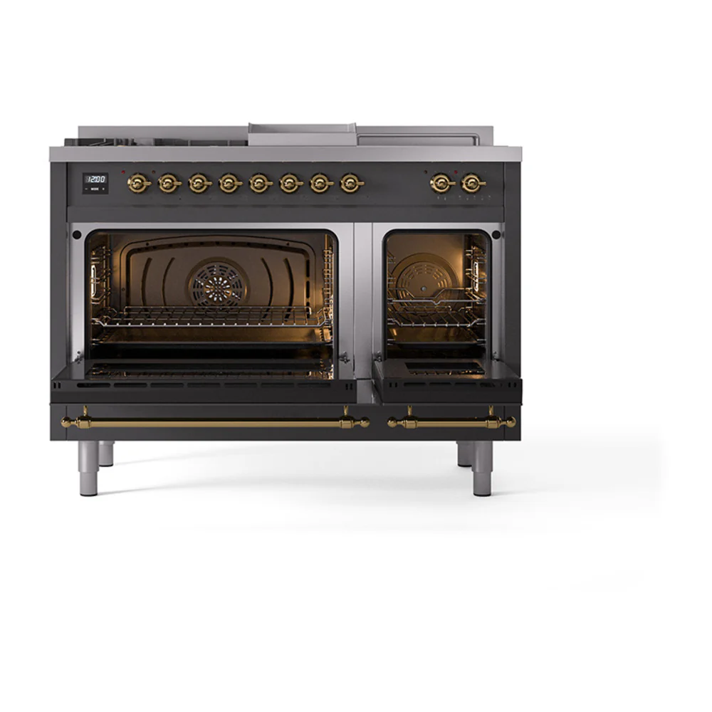 ILVE Nostalgie II 48-Inch Dual Fuel Range with 5 Burners, Griddle, & French Top, with Solid Door Oven in Matte Graphite with Brass Trim (UP48FSQNMPMGG)