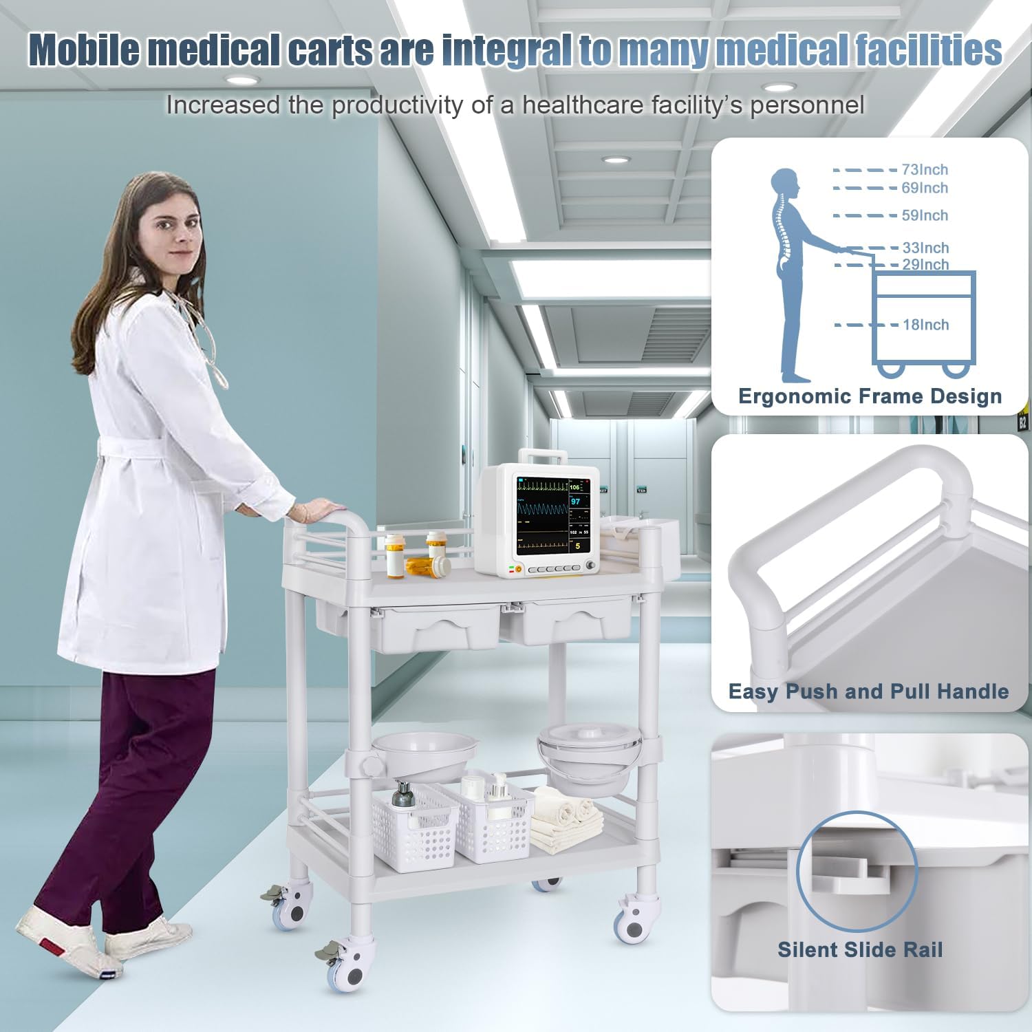 Medical Carts with Wheels 2 Tier Mobile Esthetician Cart 220 LBS Load Hospital Trolley Cart for Ultrasound Scanner Utility Cart with Bucket Sharp Box Storage Basket for Beauty Salon Dental Clinic Home