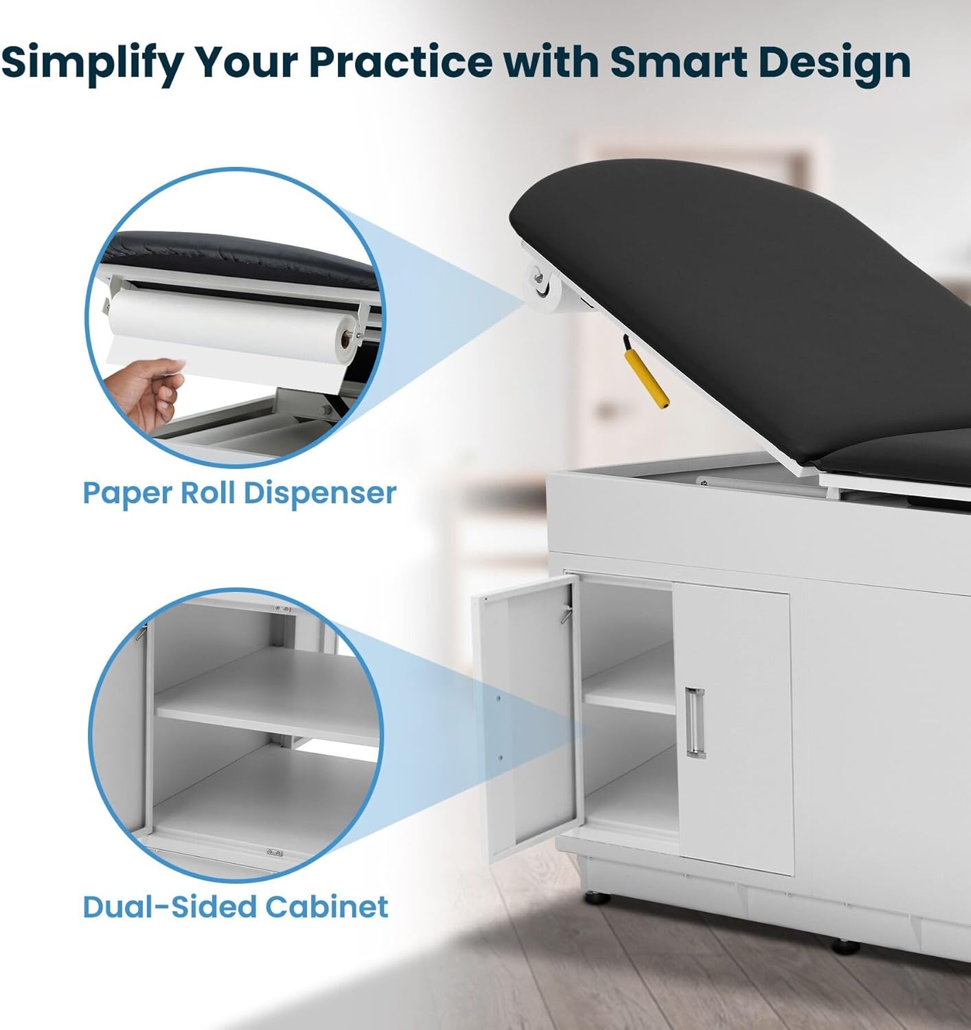 Grande Medical Exam Table, Adjustable Exam Bed with Step Stool, Storage Cabinets, and Foot Rest, Dimensions: 47.64” L x 26.77” W x 29.13” H, Black, NO Stirrups