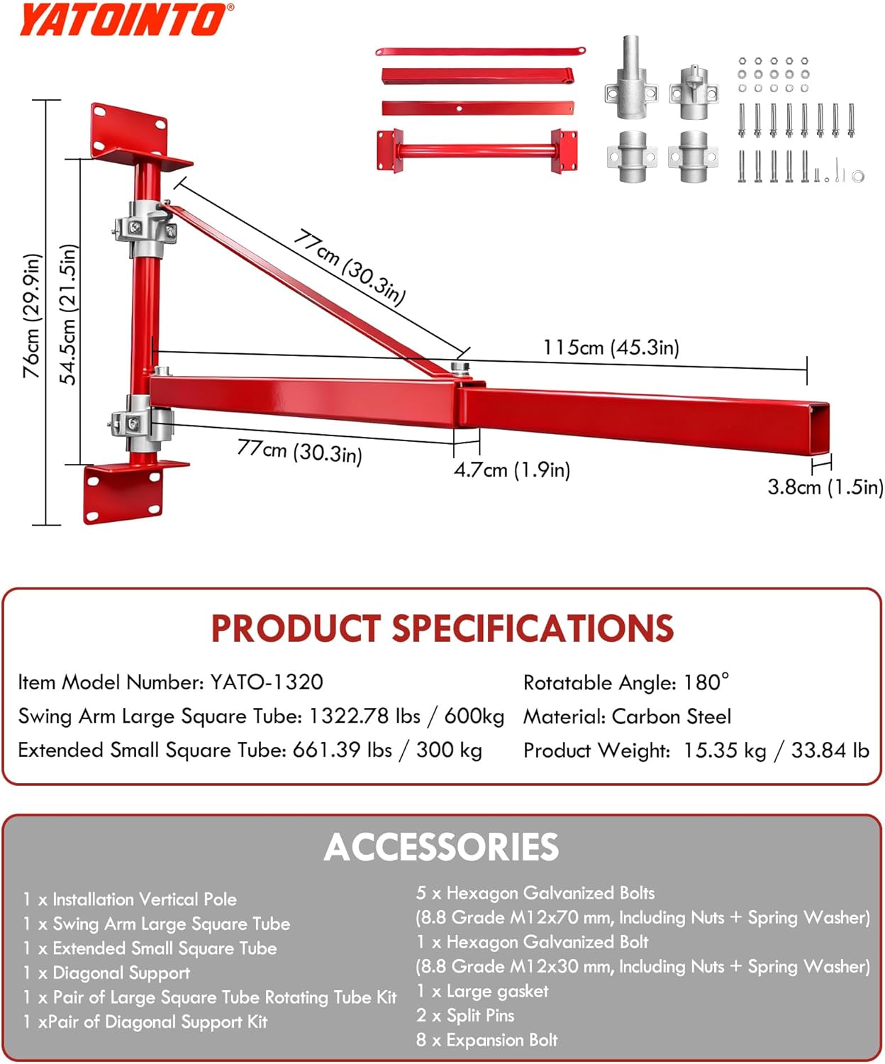 Wall Mount Jib Crane,1320 Lbs Max Load Capacity,Hoist Swing Arm with 180° Swivel Adjustable Pole,Heavy Duty Electric Hoist Support Arm for Hoist, Scaffolding Lift, Workshop, Garage, Warehouses