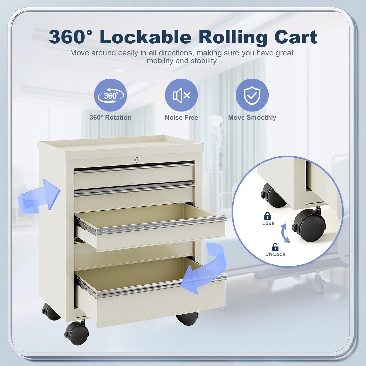 5 Drawers Mobile Medical Bedside Cart with 4 Wheels and Lock, Dental Assistant's Mobile Cabinet, Professional File Beauty Storage Utility Cart, for Hospital Office Bedroom Clinic