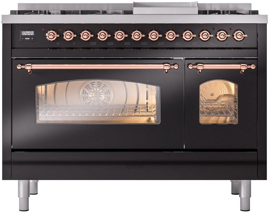 ILVE Nostalgie II 48-Inch Dual Fuel Freestanding Range in Glossy Black with Copper Trim (UP48FNMPBKP)