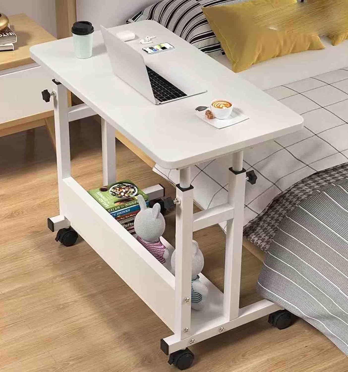 Overbed Table with Wheels, Adjustable Bedside Movable Table, Multifunctional Computer Desk for Hospital, Medical Use, and Home Office