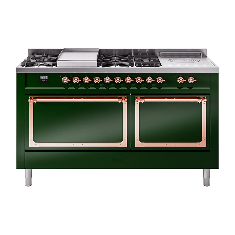 ILVE 60-Inch Nostalgie II Noblesse Dual Fuel Range with 7 Sealed Burners, Gridlde, French Top, and Solid Door Oven in Emerald Green with Copper Trim (UN60FSQNMPEGP)