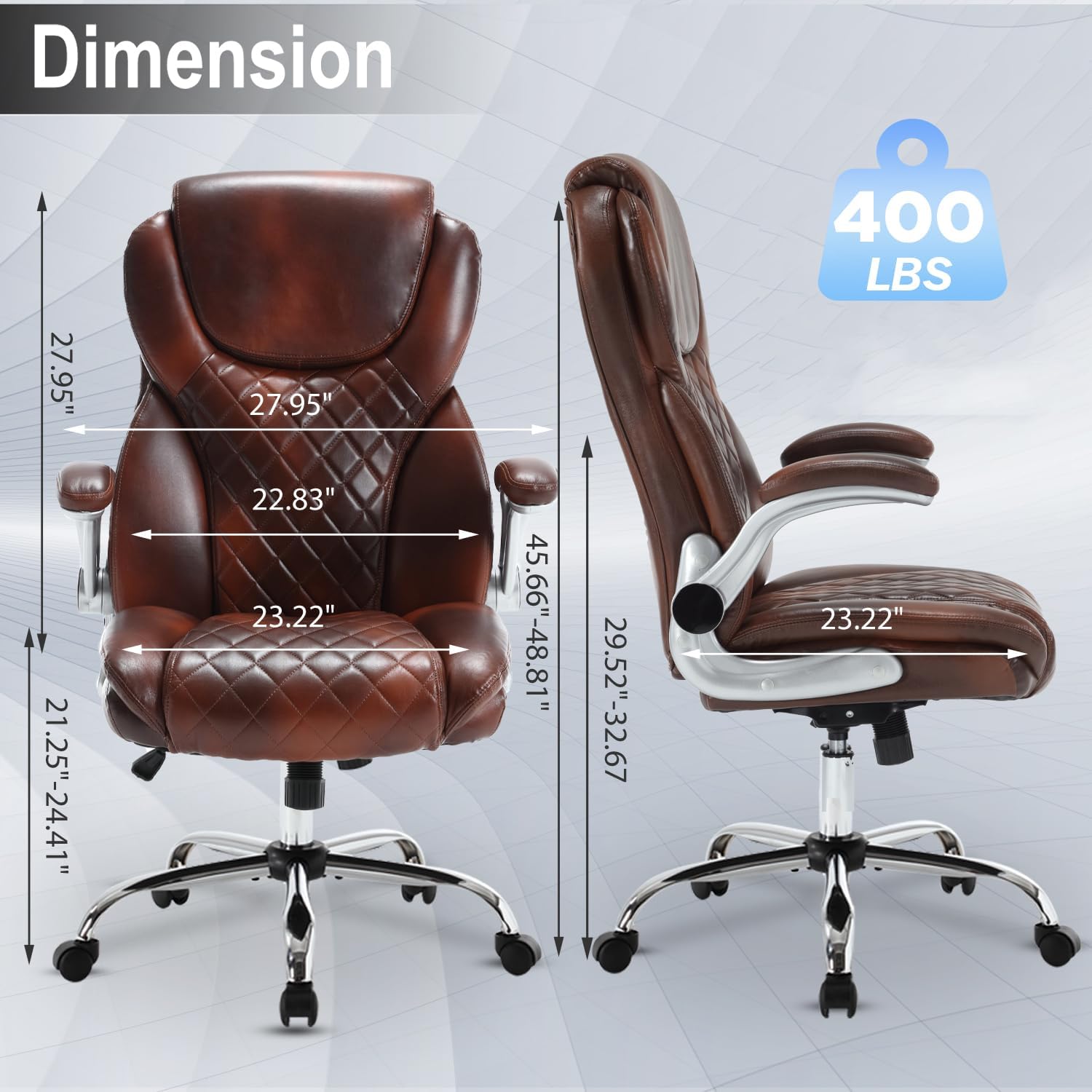 Big and Tall Executive Office Chair Brown, PU Leather High Back Office Desk Chairs with Wheels, Rocking Managerial Ergonomic Big Tall Home Computer Chairs with Flip up Arms and Lumbar Support