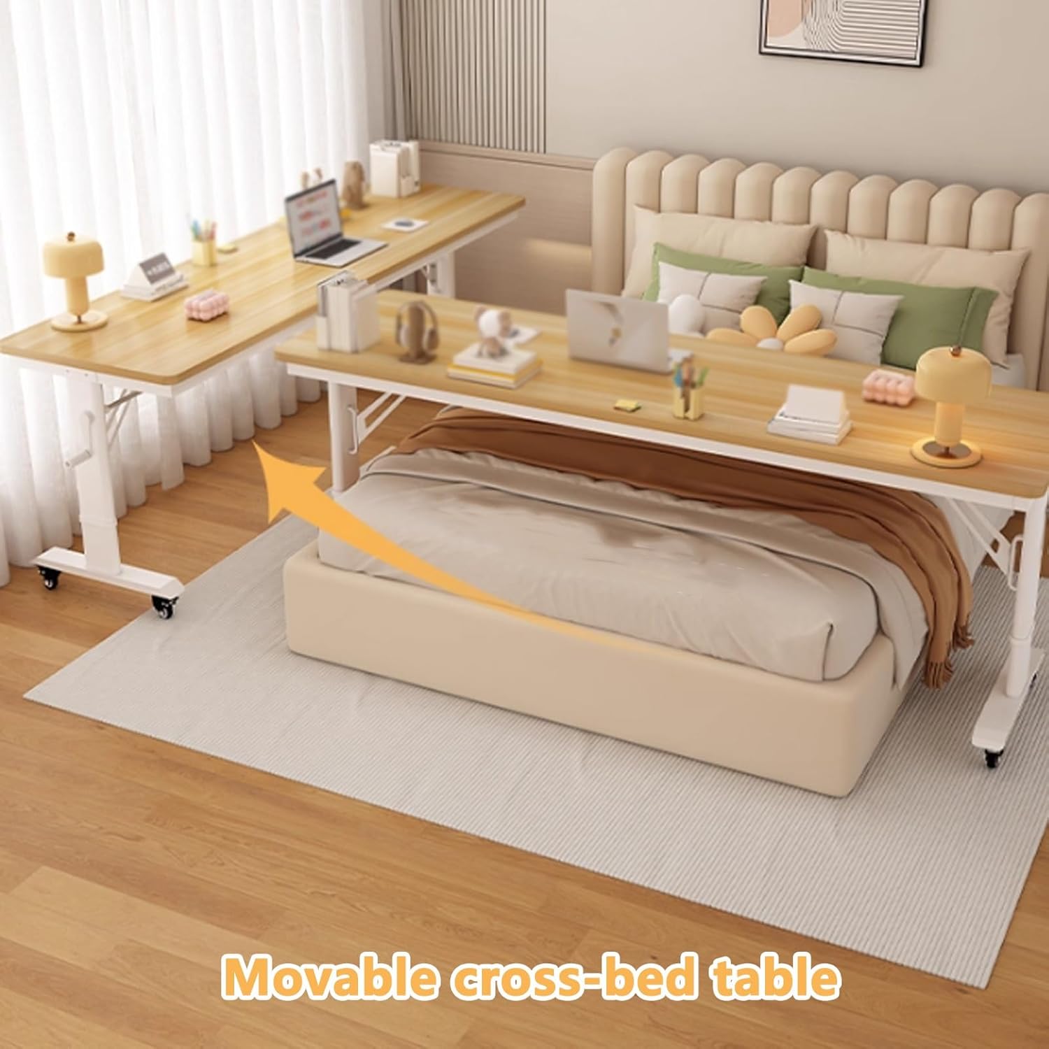 Adjustable Height Overbed Table, Rolling Bed Desk with Hand Crank and 360° Wheels, Cross-Bed Computer Desk, Mobile Laptop Cart for Bedroom, King Size Beds(Black,90.5x19.6in)