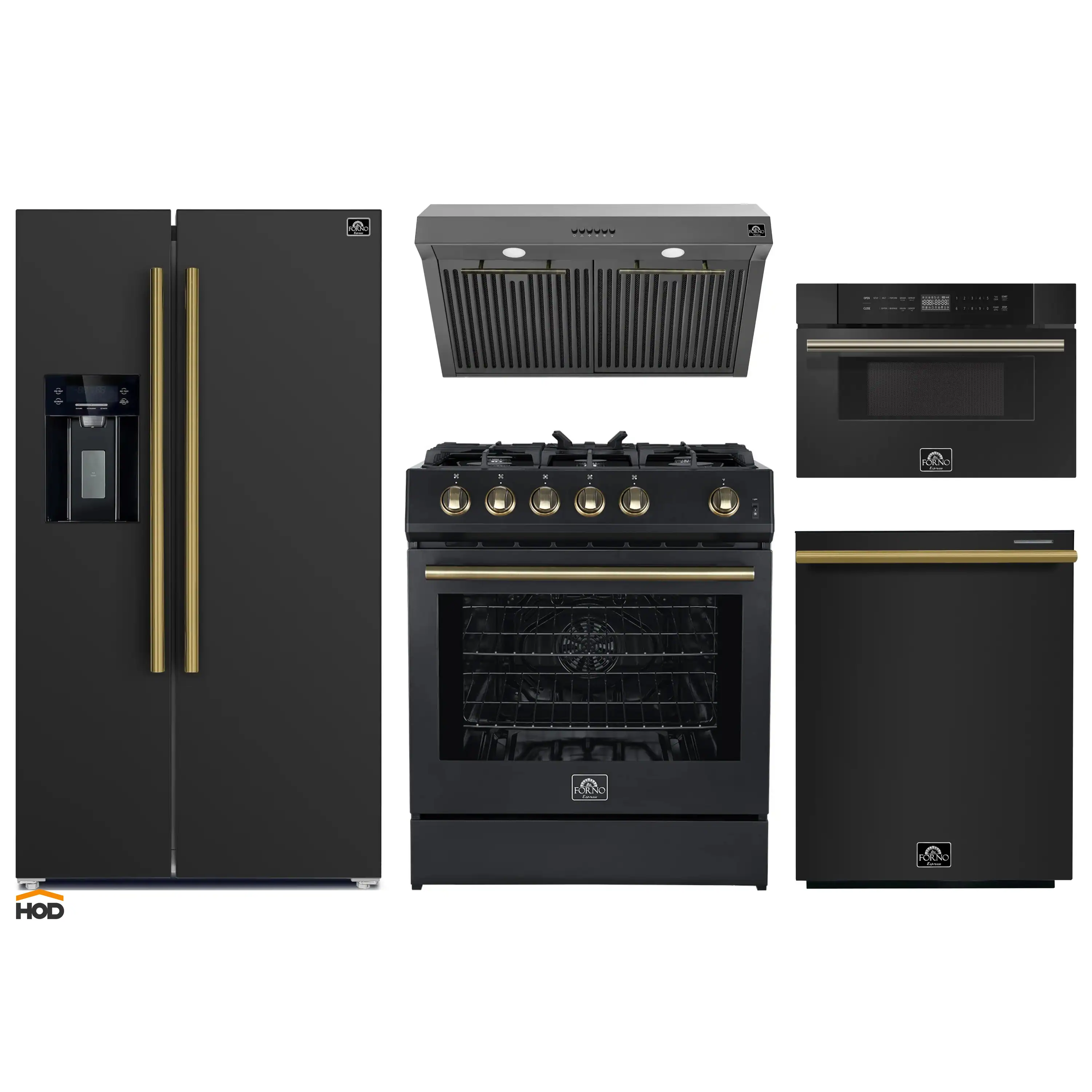 Forno 5-Piece Appliance Package - 30-Inch Gas Range, Under Cabinet Range Hood, Refrigerator wth Water Dispenser, Dishwasher, and 30-Inch Microwave Drawer in Black with Antique Brass Trim