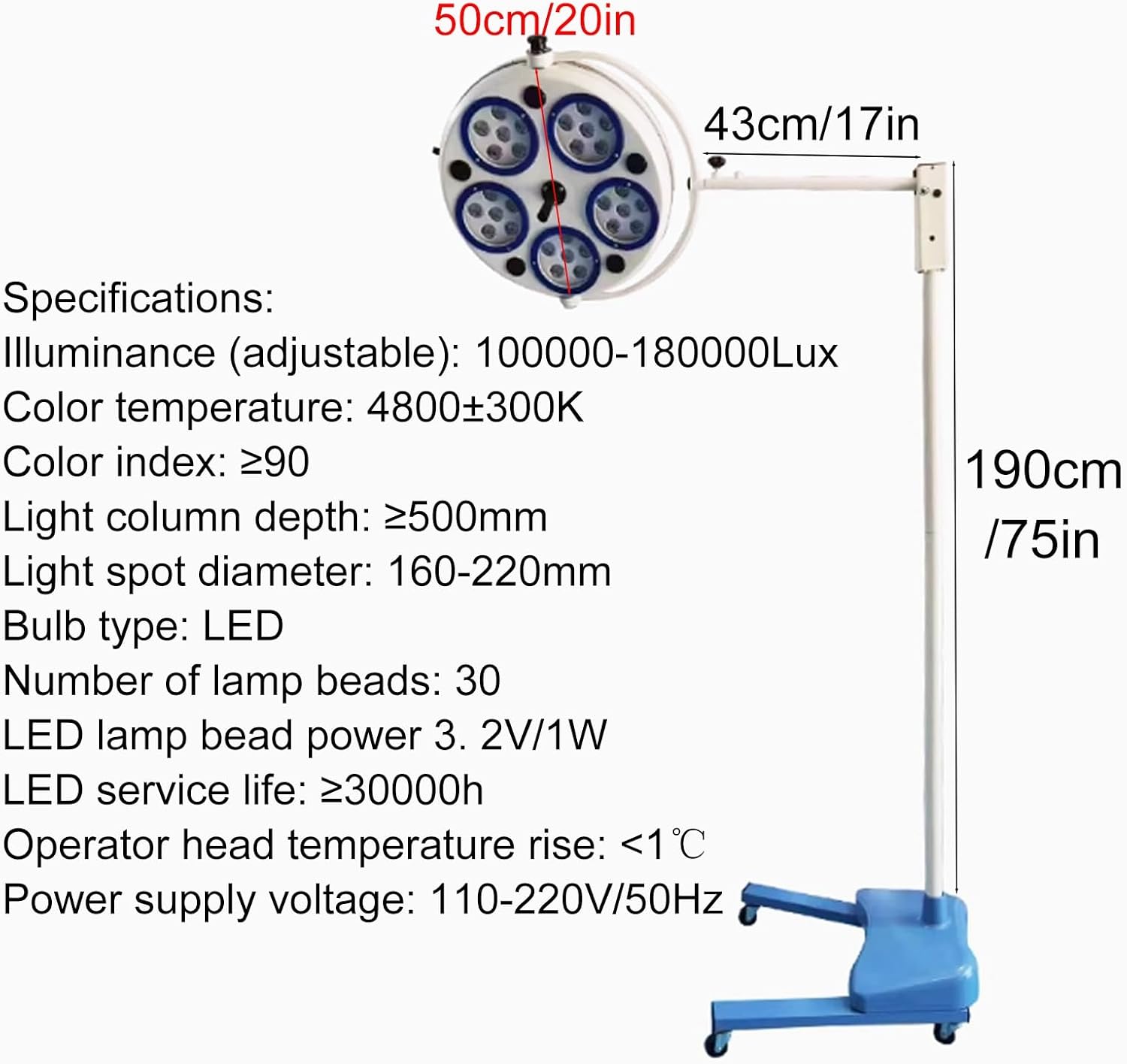 Mobile Surgical Examination Lamp, LED Surgical Medical Exam Light, Flexible and Rotatable Lamp Head with Fixed Height, Brightness Adjustable with Stable Base