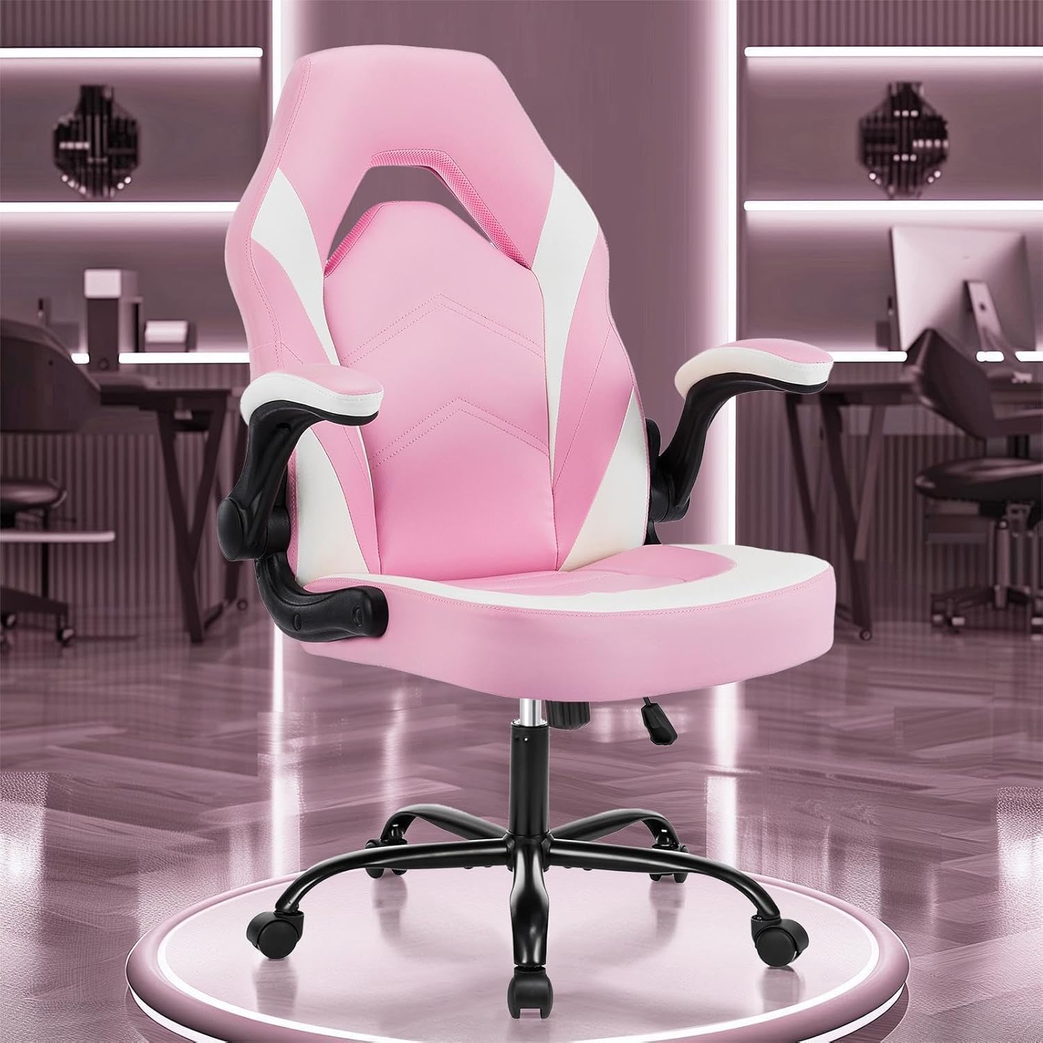 OLIXIS Computer Gaming Desk Chair - Big and Tall Ergonomic Lumbar Support with Flip-up Armrest and 360° Swivel Wheels, PU Leather Height Adjustable, for Home and Office, Pink