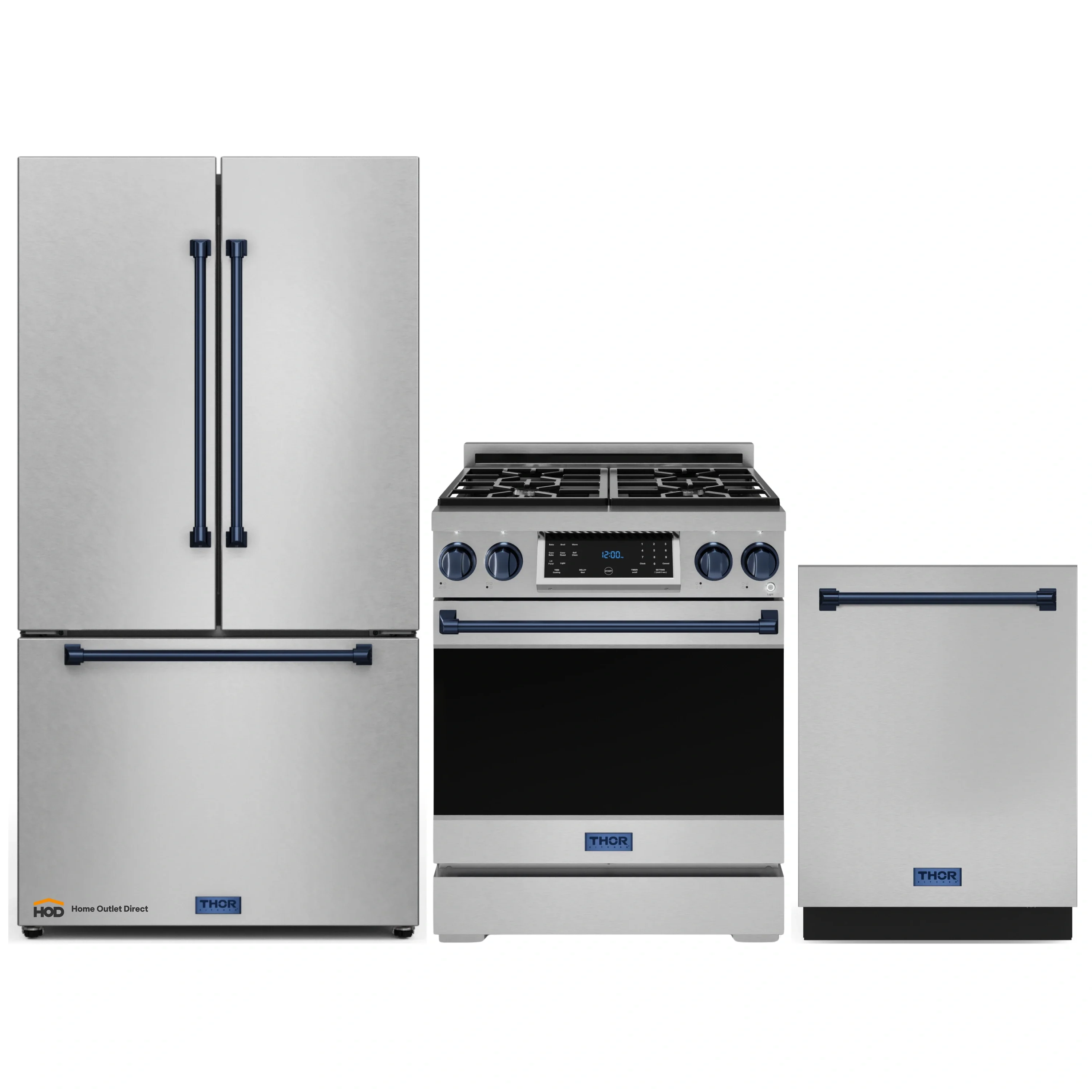 Gordon Ramsay by Thor Kitchen 3-Piece Appliance Package - 30-Inch Gas Range with Tilt Panel, 36-Inch Refrigerator, and Dishwasher in Stainless Steel with Blue Trim