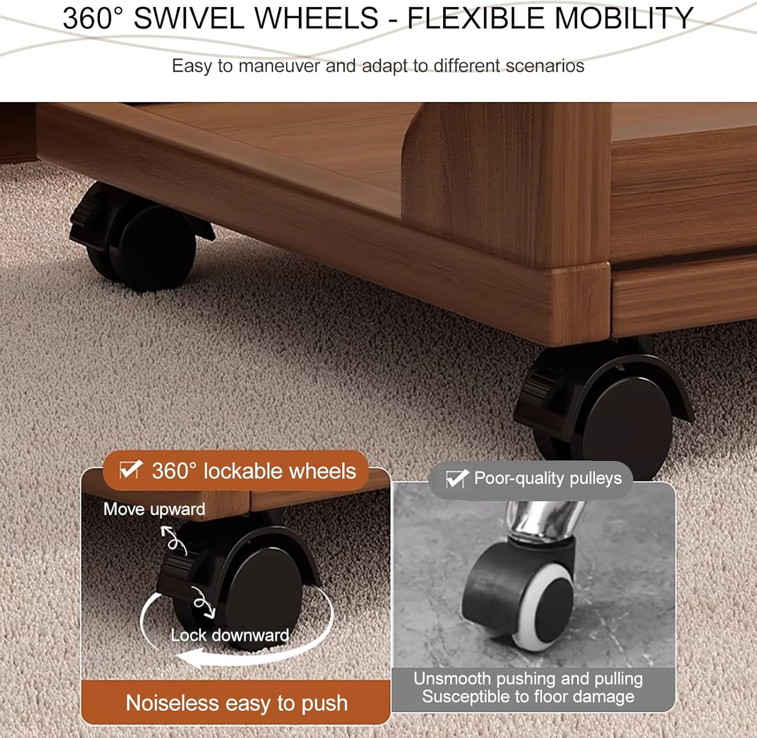 Overbed Table with Wheels Adjustable Standing Laptop Cart, Sturdy Wood Computer Desk with Tiltable Tabletop for Laptop and Bedroom Work(60cm/23.6in)