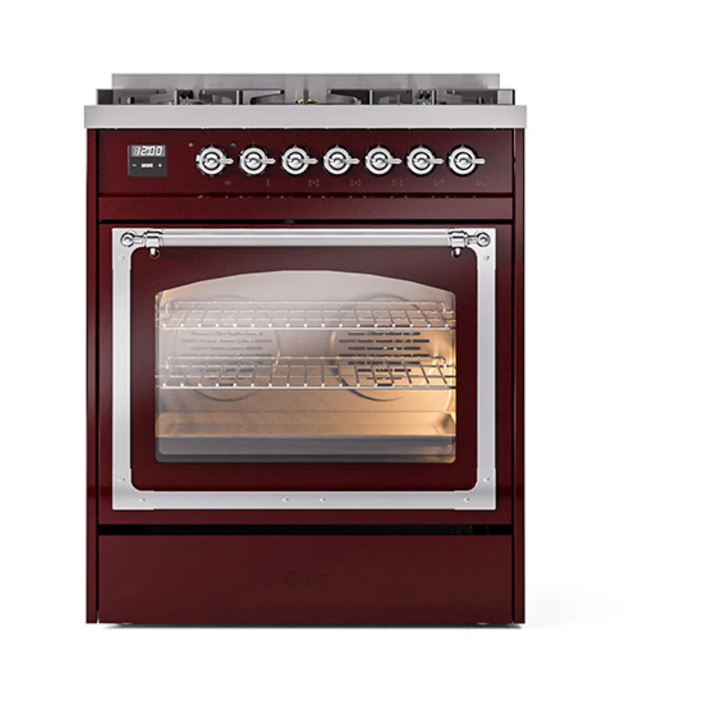 ILVE Nostalgie II Noblesse 30-Inch Dual Fuel Range with Triple Glass Door in Burgundy with Chrome Trim (UN30NMPBUC)