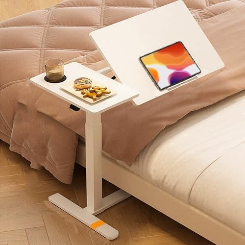 Over The Bed Table with Wheels Foldable, Mobile Laptop Over Bed Desk Computer Desk, with Adjustable Tilt Board, Height Adjustable, for Home, Hospital(White)