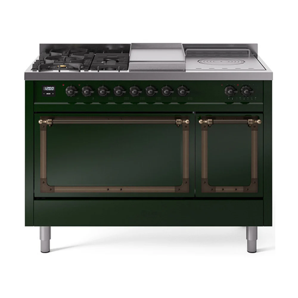 ILVE 48-Inch Nostalgie II Noblesse Dual Fuel Range with 5 Sealed Burners, Griddle, French Top and Solid Door Oven in Emerald Green with Bronze Trim (UN48FSQNMPEGB)