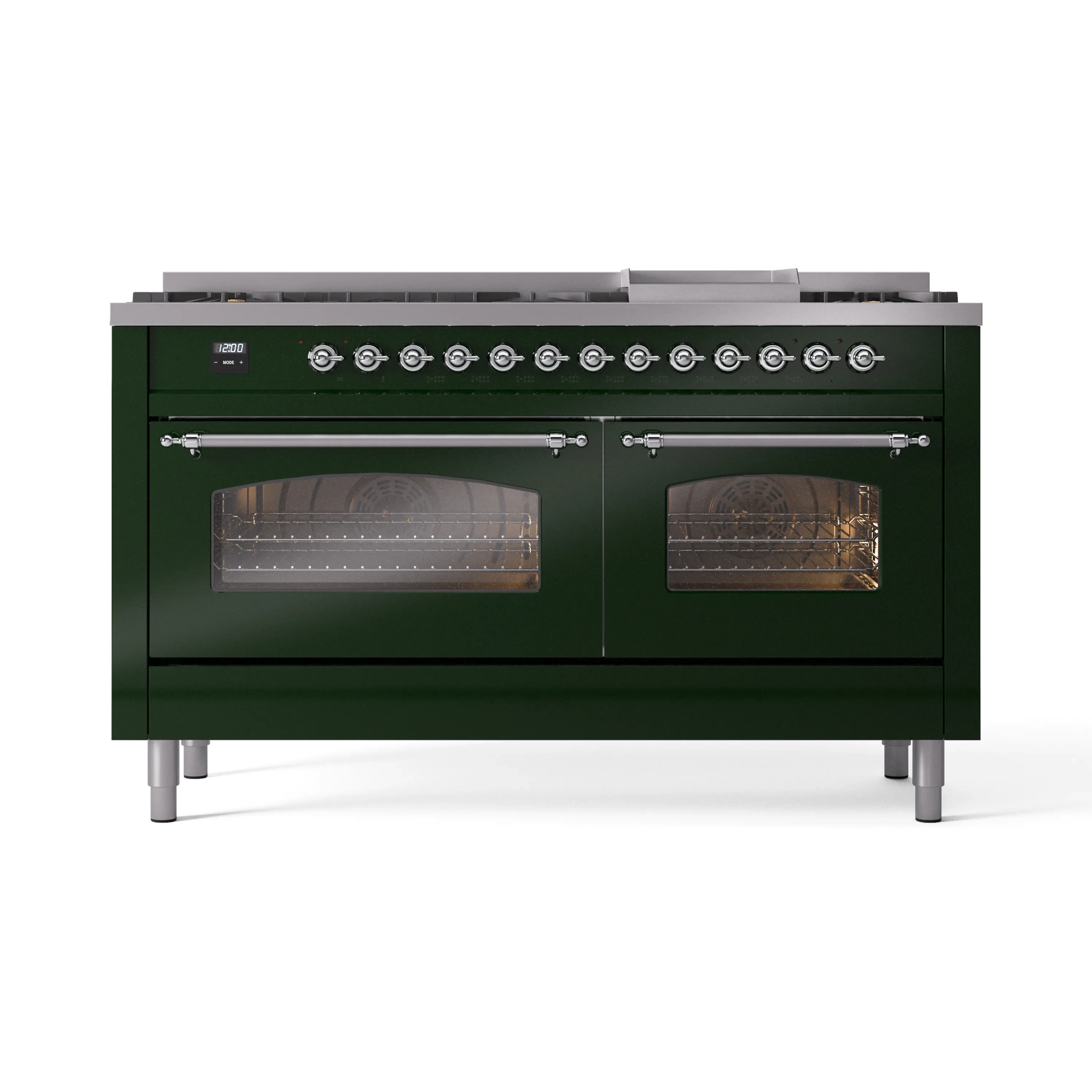 ILVE 60-Inch Nostalgie II Dual Fuel Range with 9 Burners, Griddle and Triple Glass Door Oven in Emerald Green with Chrome Trim (UP60FNMPEGC)