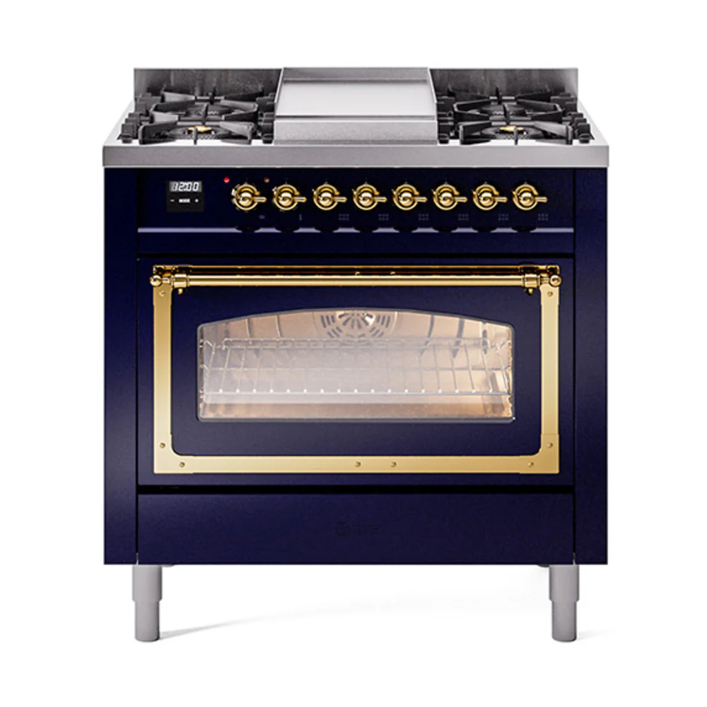 ILVE Nostalgie II Noblesse 36-Inch Dual Fuel Range and Triple Glass Door in Midnight Blue with Brass Trim (UN36FNMPMBG)