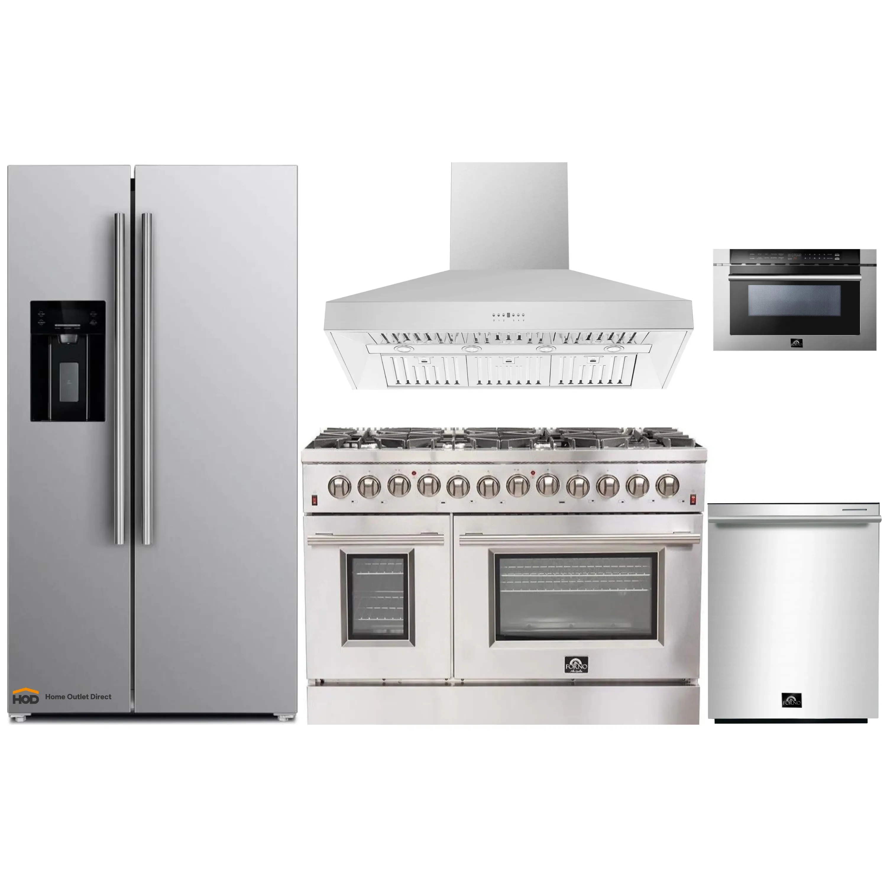 Forno 5-Piece Appliance Package - 48-Inch Dual Fuel Range, Refrigerator with Water Dispenser, Wall Mount Hood, 24-Inch Microwave Drawer, & 3-Rack Dishwasher in Stainless Steel