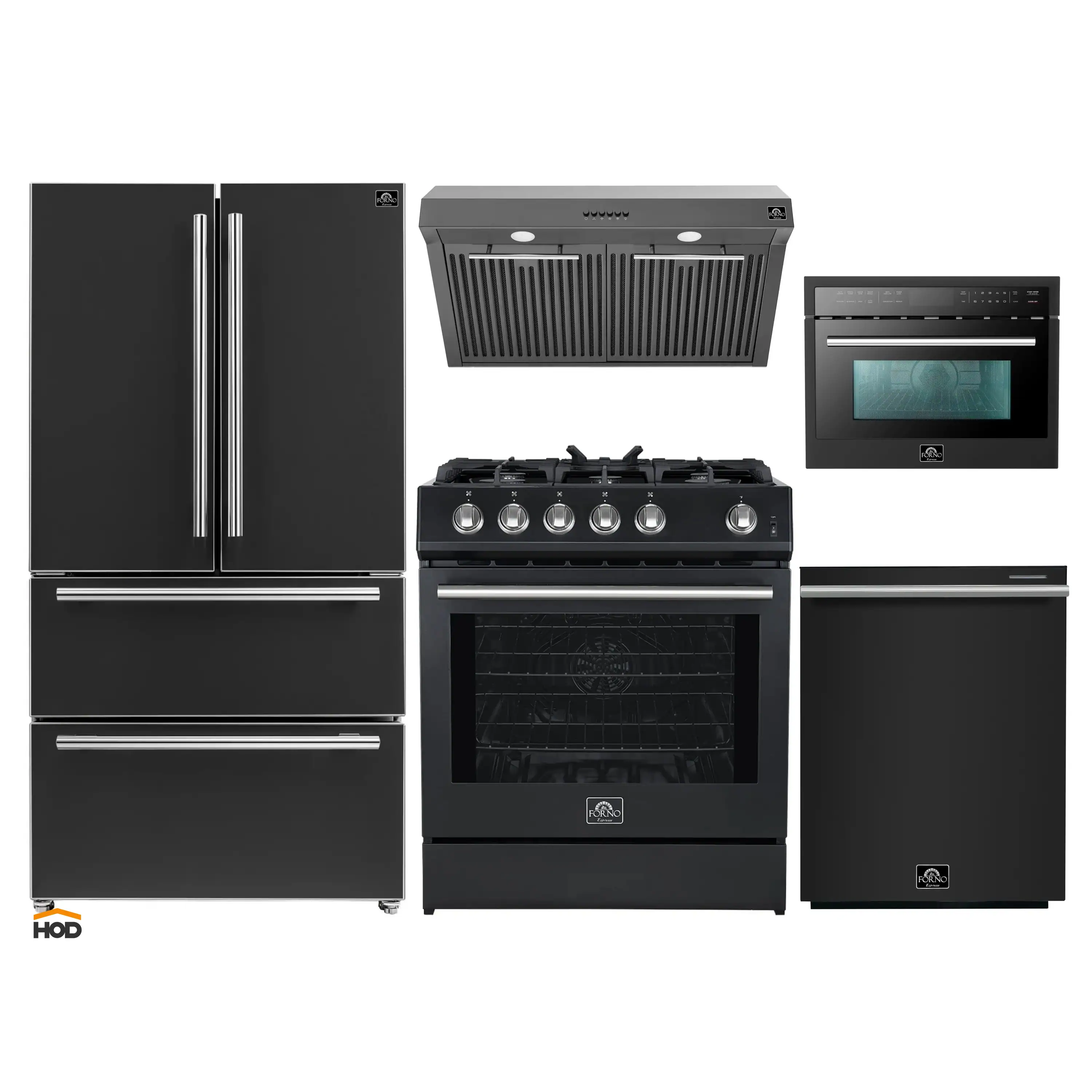 Forno 5-Piece Appliance Package - 30-Inch Gas Range, Under Cabinet Range Hood, Refrigerator, Dishwasher, and 24-Inch Microwave Oven in Black with Stainless Steel Trim