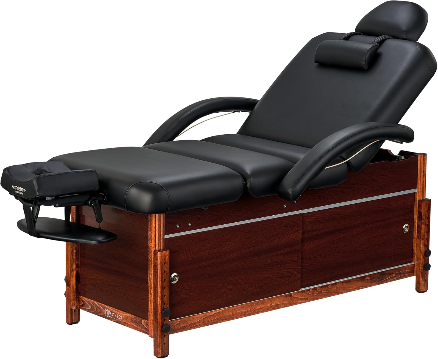 Master Massage Cabrillo Stationary Massage Table - Facial Beauty Lash Bed - 4 Section Salon Spa Bed with Storage Cabinet - Pneumatic Tilting Backrest and Leg Rest, Black with Walnut Legs, 30 Inch