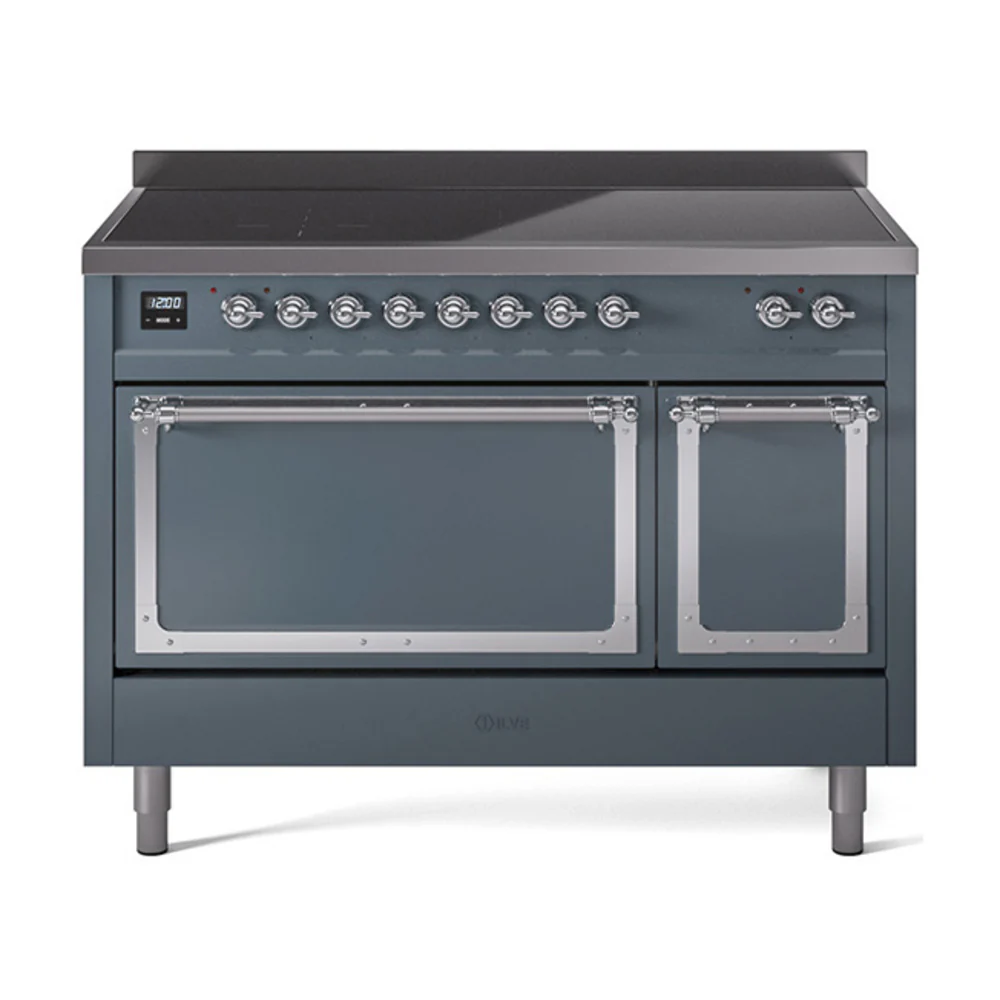 ILVE Nostalgie II Noblesse 48-Inch Induction Range with Solid Door Oven in Blue Grey with Chrome Trim (UNI486QNMPBGC)