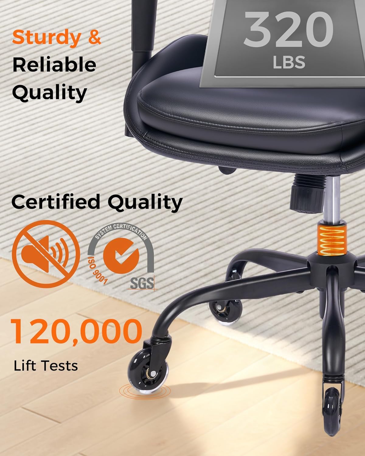 BEWISHOME Leather Ergonomic Office Chair, Home Office Chair, Black Desk Chair with Lumbar Support, Executive Office Chair, Computer Desk Chair with Adjustable Armrests & Quiet Wheels