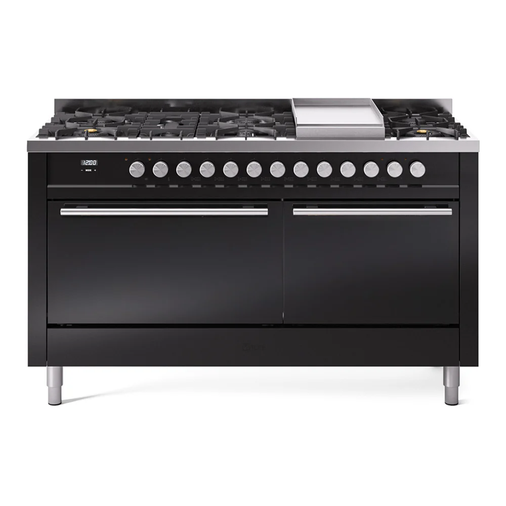 ILVE 60-inch Professional Plus II Dual Fuel Range with 9 Burners, Griddle, and Solid Door Oven in Glossy Black  (UP60FQMPBK)