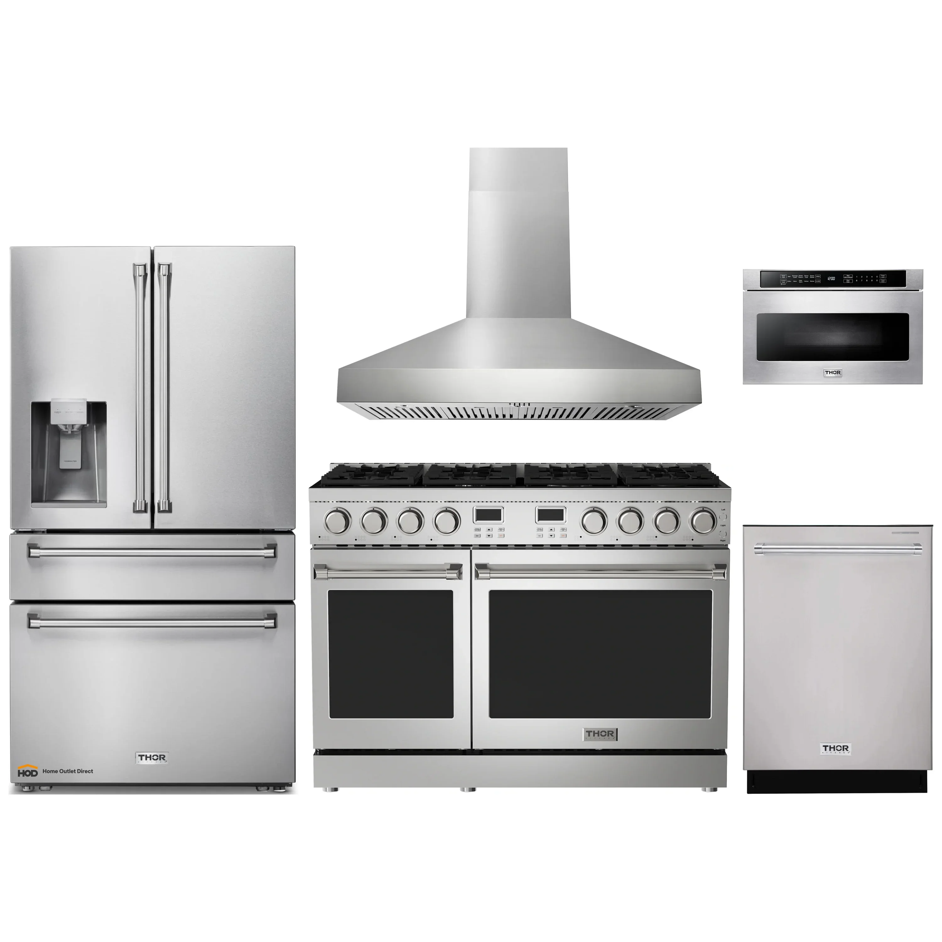 Thor Kitchen A-Series 5-Piece Appliance Package - 48-Inch Gas Range, Pro-Style Wall Mount Range Hood, Refrigerator with Water Dispenser, Dishwasher, and Microwave in Stainless Steel