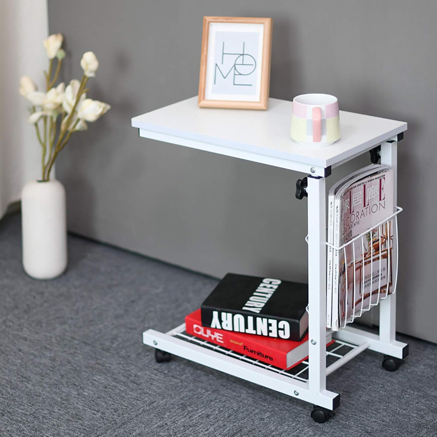 Overbed Table Height Adjustable Medical Overbed Table,Mobile Laptop Desk Tray Sofa End Table Rolling Coffee Side Table Elder Hospital Reading Bed Table Cart