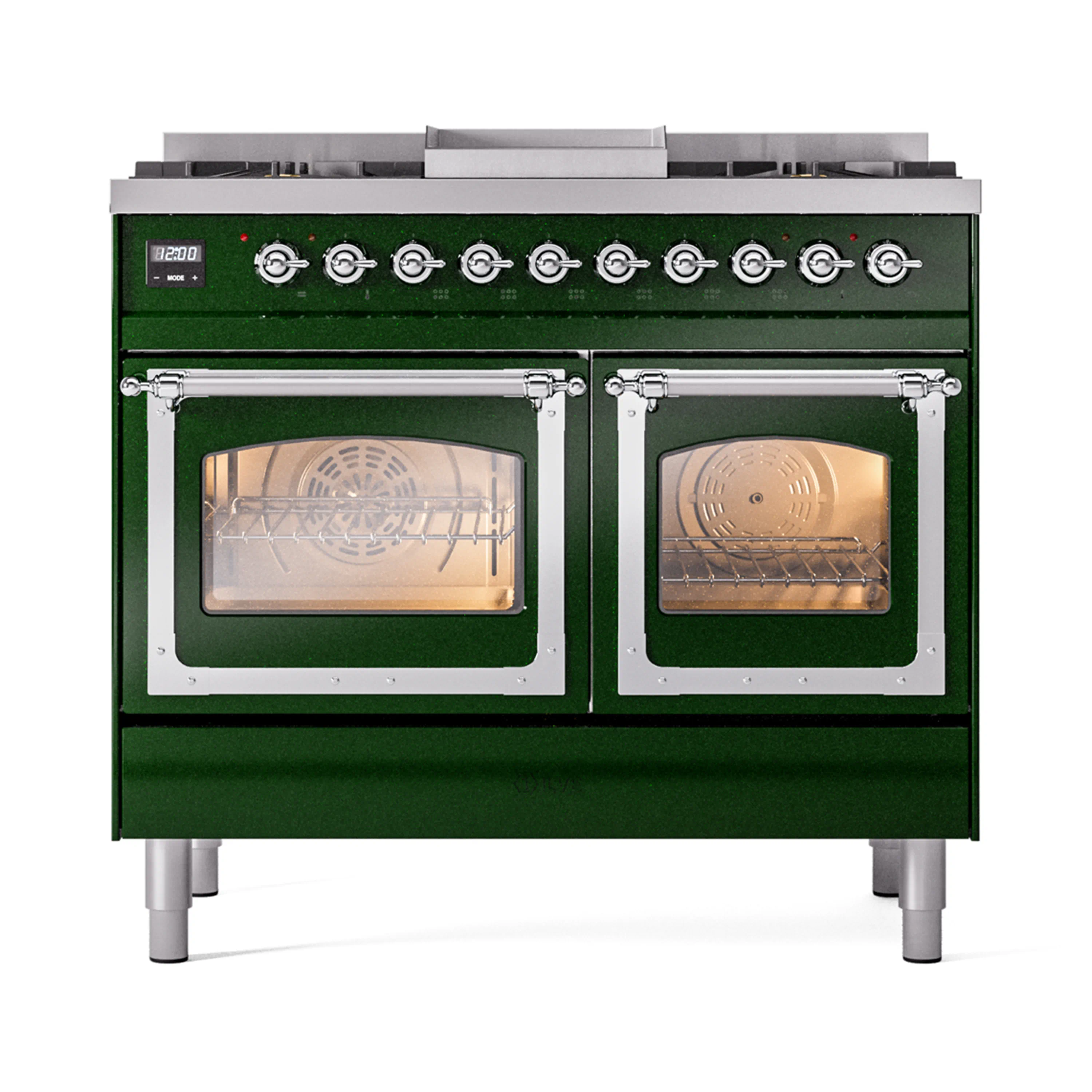 ILVE 40-Inch Nostalgie II Noblesse Dual Fuel Range with Triple Glass Door Oven in Emerald Green with Chrome Trim (UND40FNMPEGC)