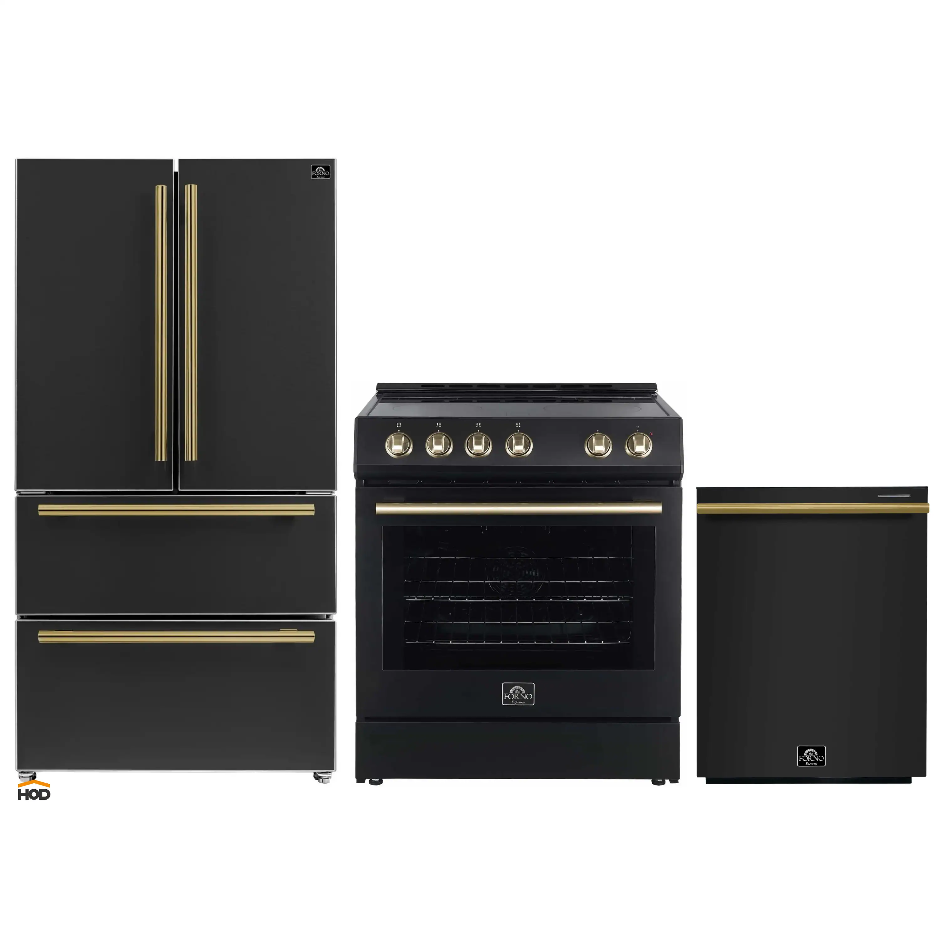 Forno Espresso 3-Piece Appliance Package - 30-Inch Electric Range, Refrigerator and Dishwasher in Black with Antique Brass Trim
