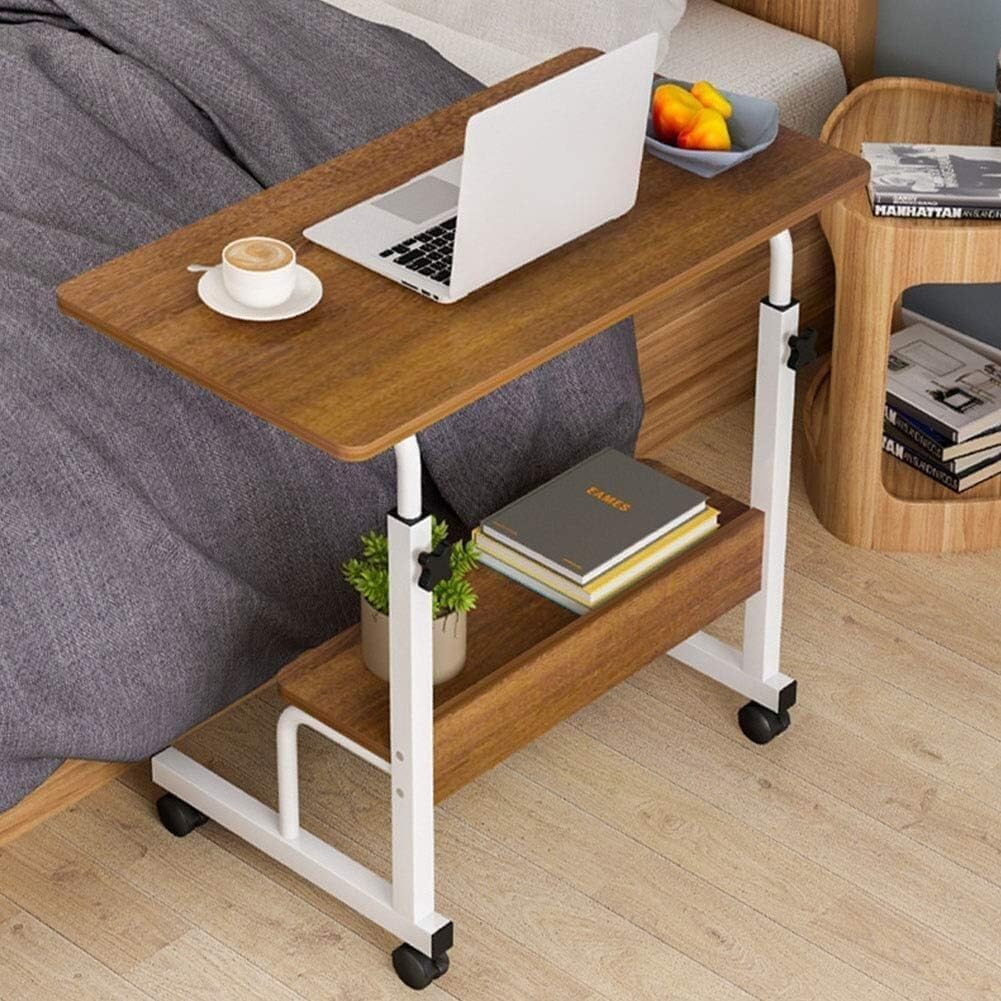 Adjustable Overbed Table with Wheels, Mobile Laptop Desk with Steel Frame, 2-Tier Side Table for Bedside, Office, Home Use(60x40cm)