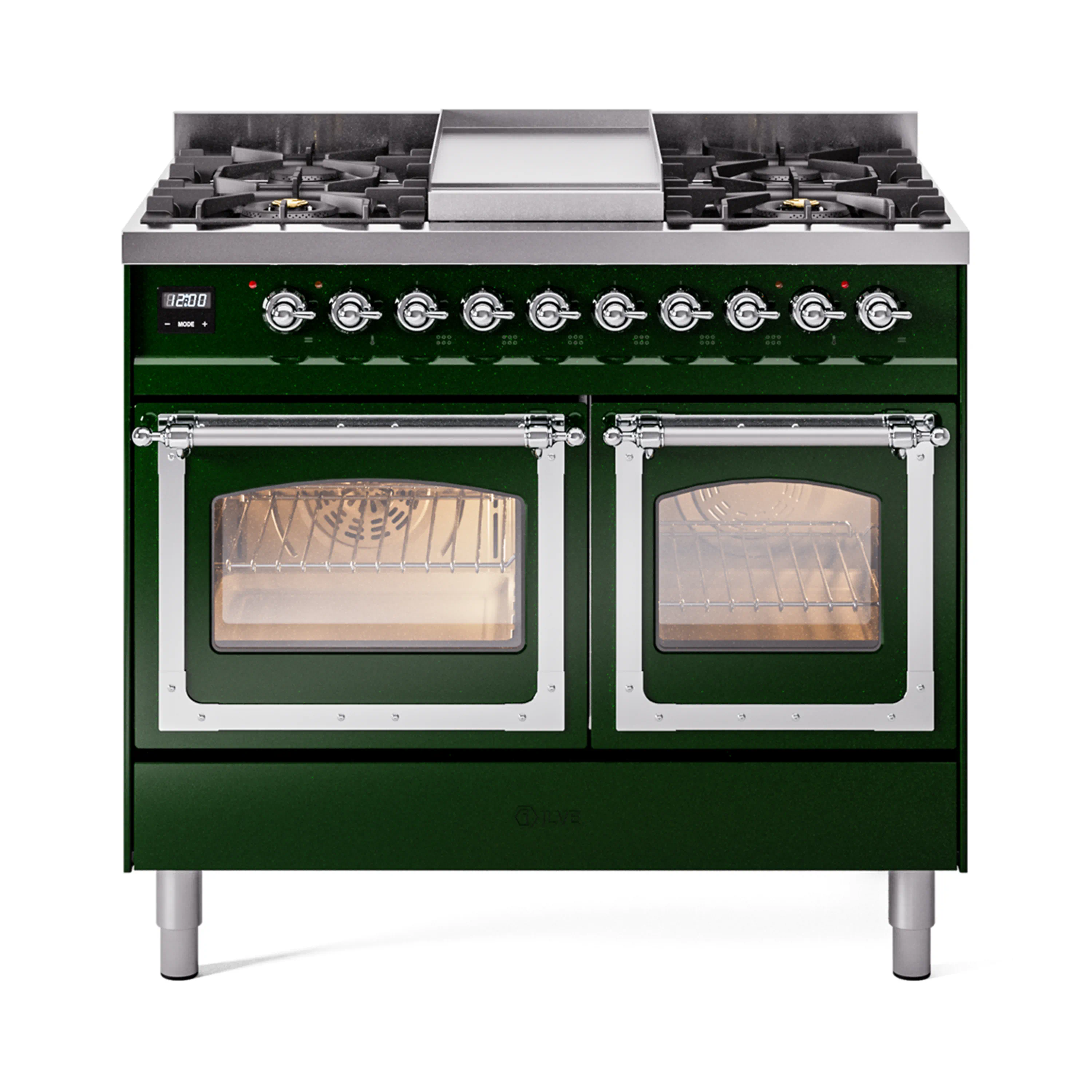 ILVE 40-Inch Nostalgie II Noblesse Dual Fuel Range with Triple Glass Door Oven in Emerald Green with Chrome Trim (UND40FNMPEGC)