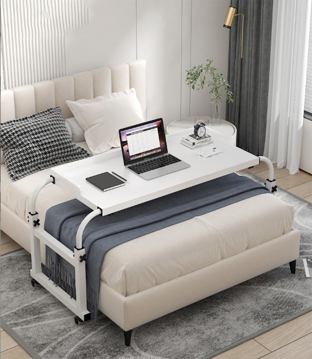 Mobile Over Bed King Queen Laptop Long Overbed Table Adjustable Height with Wheels Food Tray Desk Rolling Medical Table Overbed Bedside Table with Rolling Wheels