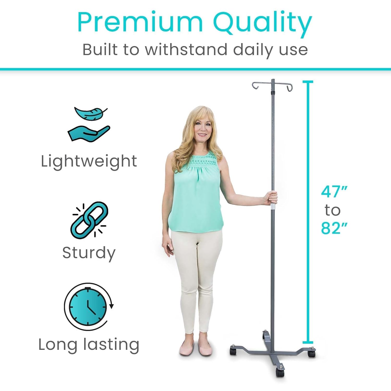 Vive IV Pole with Wheels (4 Pack) - IV Fluids Bag Stand with 2 Hooks and Adjustable Height - Portable IV Pole for Home Care, Hospitals, Clinics and Travel - Safe and Easy to Move Medical IV Drip Stand