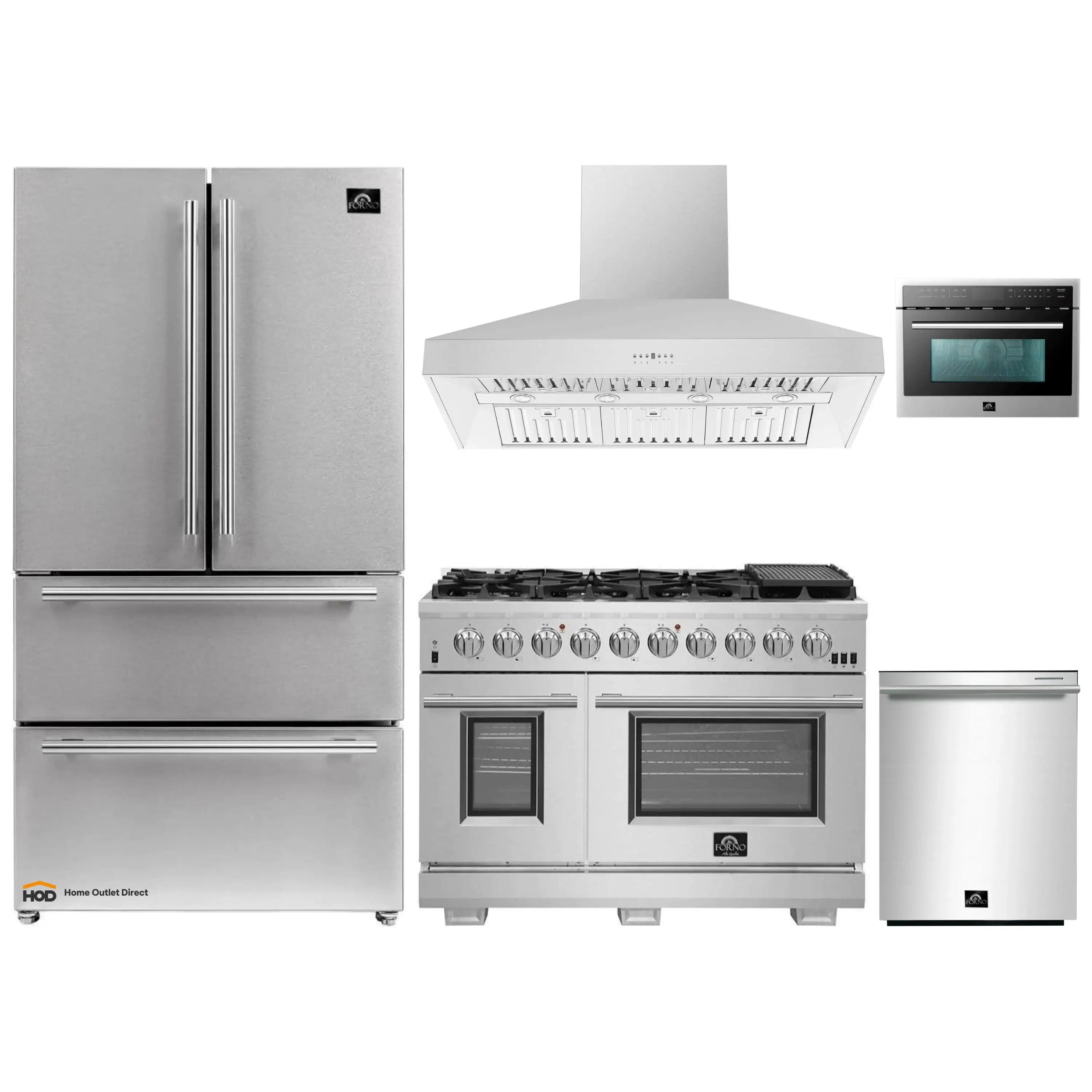 Forno 5-Piece Pro Appliance Package - 48-Inch Gas Range, Refrigerator, Wall Mount Hood, 24-Inch Microwave Oven, & 3-Rack Dishwasher in Stainless Steel