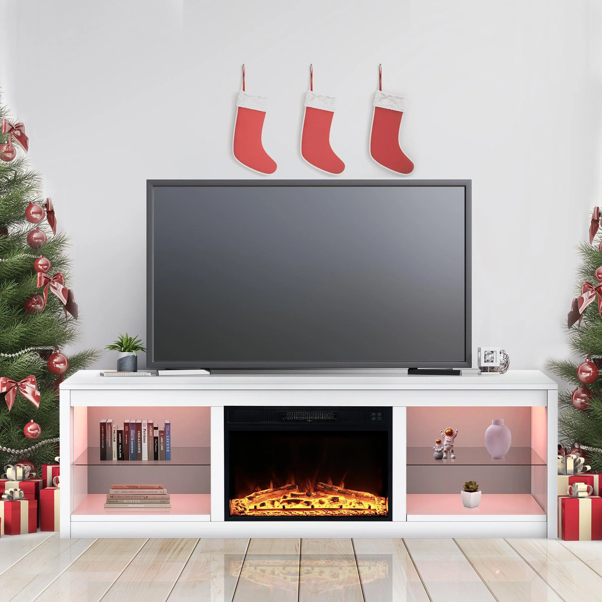 Parrot Uncle Modern 66-Inch LED TV Stand with 23-Inch Insert Electric Fireplace for Living Room