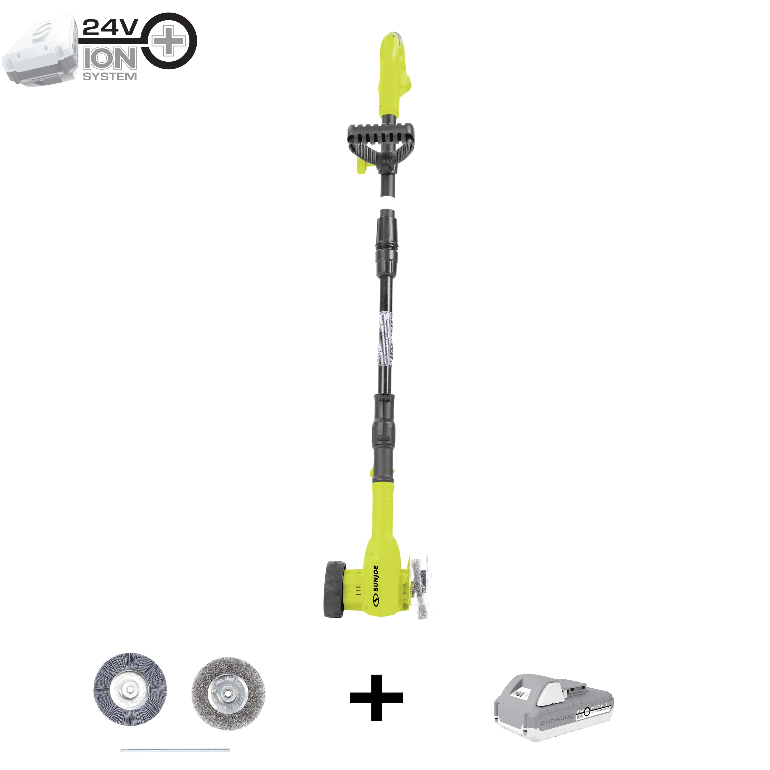 Sun Joe 24V-CTC-LTE 24-Volt* IONMAX Cordless Weed Sweeper | Nylon Brush, Steel Wire Brush, & Adjustable Pole | Sweeper Head W/ Wheel | W/ 2.0-Ah Battery + Charger