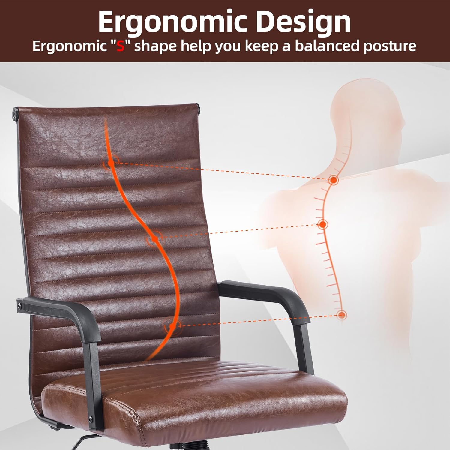 Office Chair, Ergonomic Executive Conference Room Chairs, Ribbed Leather Desk Chair with Lumbar Support, Adjustable Height Mid-Back Swivel Chair with Padded Seat and Square Tube Armrests