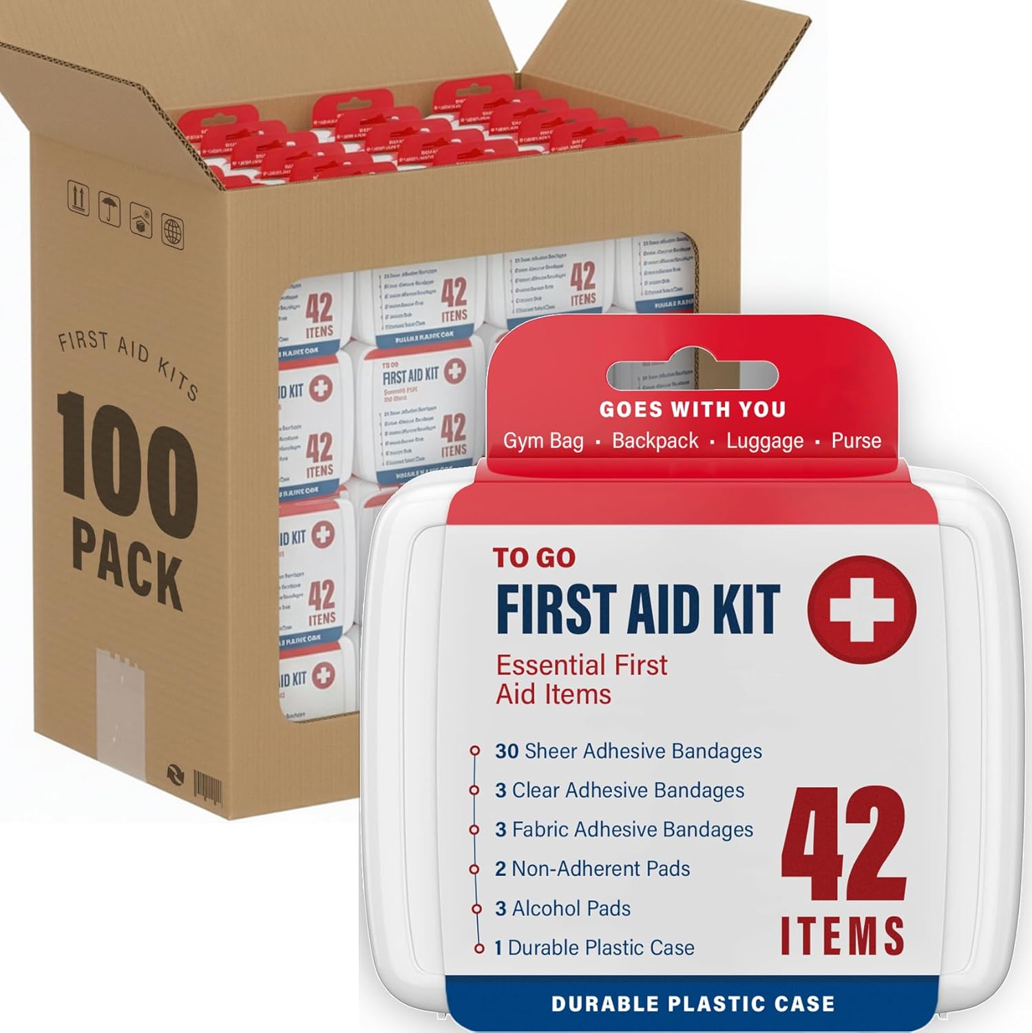 DecorRack 4200 Piece First Aid Kit, 48 Individual Boxes of 42 Items Each, First Aid Kits for Minor Cuts, Scrapes, Travel, Car, Home, Work, Field Trips or Camping (4200pcs, 100 Pack)