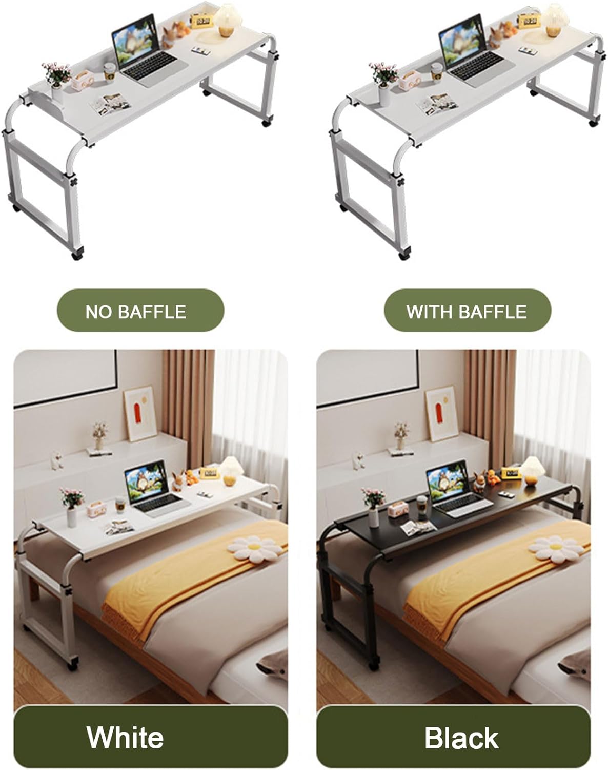 Overbed Table with Wheels, Height Adjustable Mobile Bed Desk, Standing Workstation Laptop Cart, Over The Bed Table for Home Office Bedroom Hospital,White with Baffle,120cm